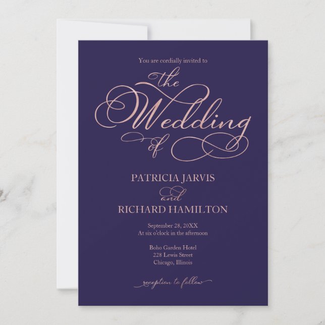 Invitation Mariage élégant bleu marine rose or feuille de sty (Devant)