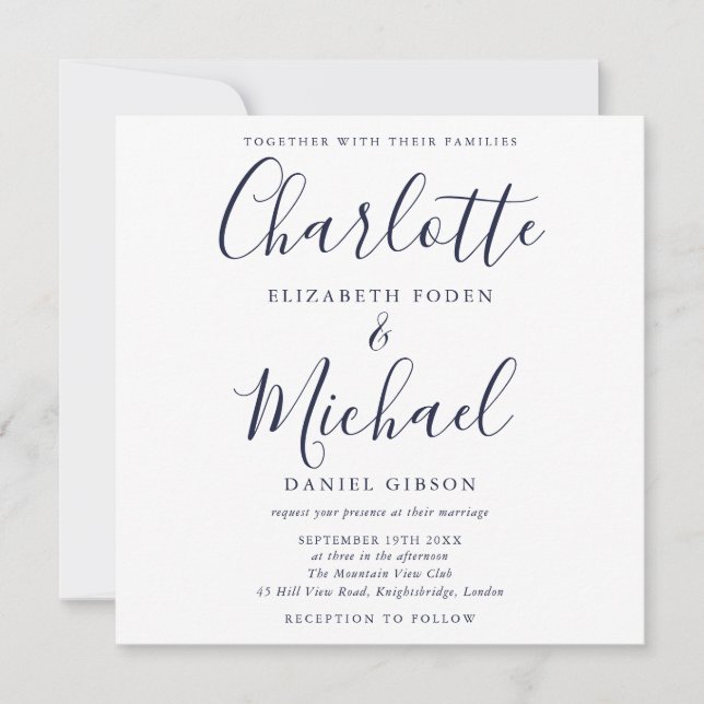 Invitation Mariage élégant bleu marine signature script (Devant)