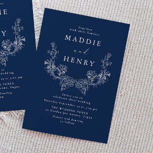 Invitation Mariage élégant bleu minimaliste en ligne d'art ma