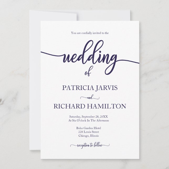 Invitation Mariage Élégant Bleu Nuit Et Blanc Calligraphie (Devant)