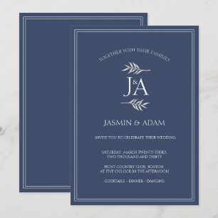 Invitation Mariage Élégant Bleu Nuit Initiales Classiques