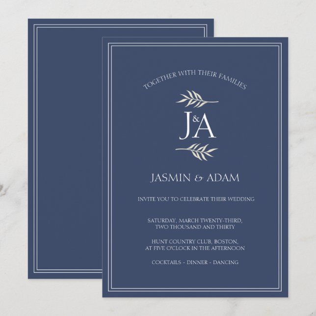 Invitation Mariage Élégant Bleu Nuit Initiales Classiques  (Devant / Derrière)