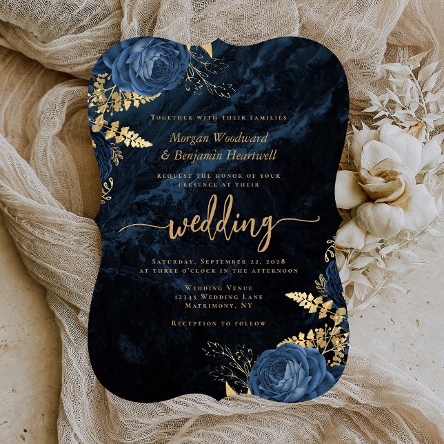 Invitation Mariage Élégant Bleu Nuit Or Floral Support (Créateur téléchargé)