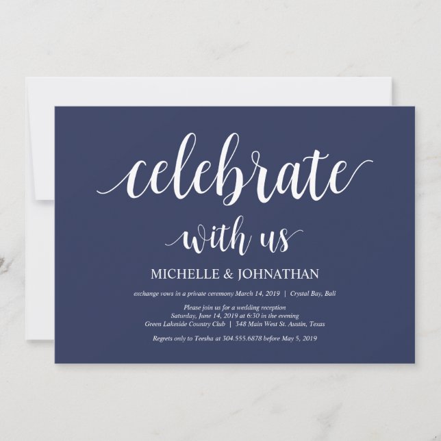Invitation Mariage Élégant Bleu Nuit Réception de Fuite Amour (Devant)