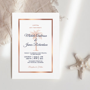 Invitation Mariage Élégant Bleu Nuit Rose Or Palmier