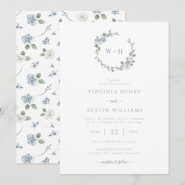Invitation Mariage Élégant Bleu Poussiéreux (Devant / Derrière)