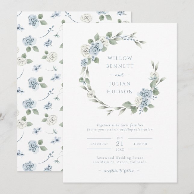 Invitation Mariage Élégant Bleu Poussiéreux (Devant / Derrière)