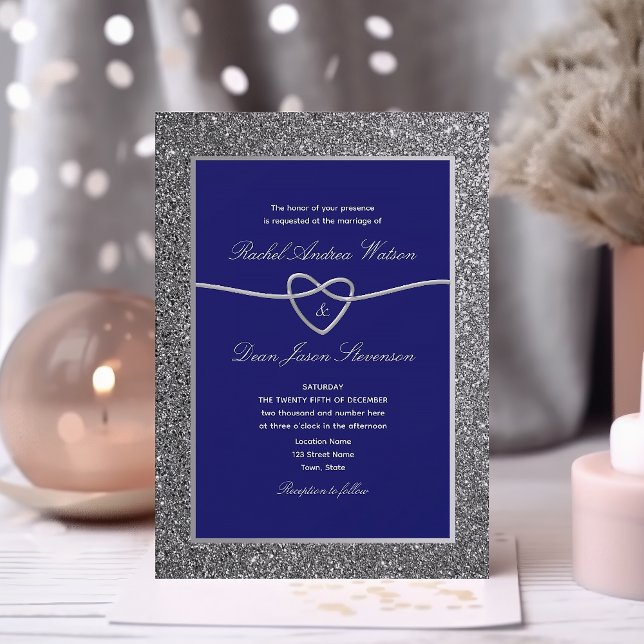 Invitation Mariage Élégant Bleu Royal Argenté (Créateur téléchargé)