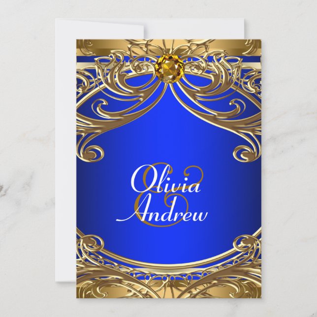 Invitation Mariage élégant bleu royal et or (Devant)