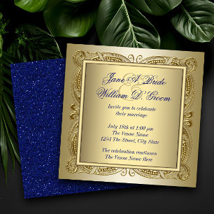 Invitation Mariage élégant bleu royal et or
