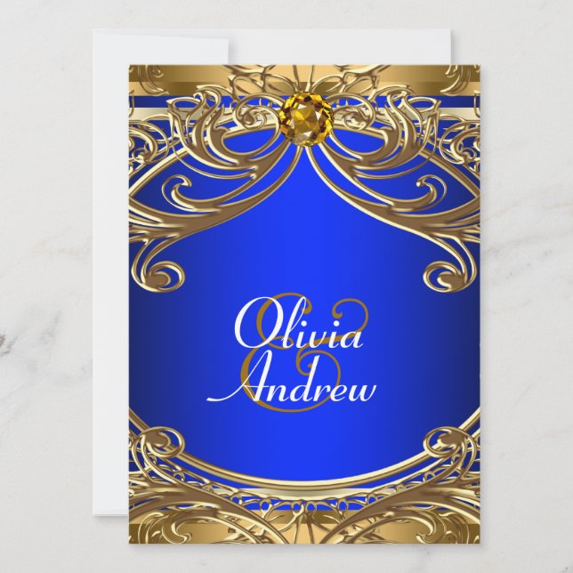 Invitation Mariage élégant bleu royal et or (Devant)