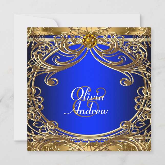 Invitation Mariage élégant bleu royal et or (Devant)
