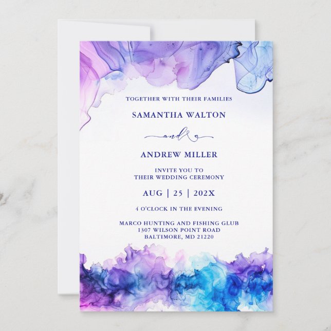 Invitation Mariage Élégant Bleu Royal et Violet (Devant)
