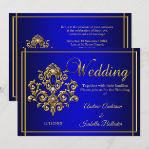 Invitation Mariage Élégant Bleu Royal Or Bijou
