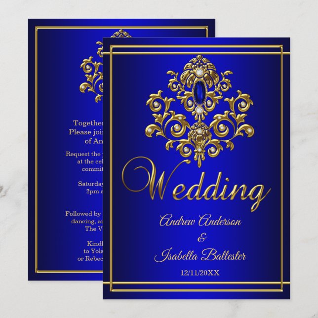 Invitation Mariage Élégant Bleu Royal Or Joyau 2 (Devant / Derrière)