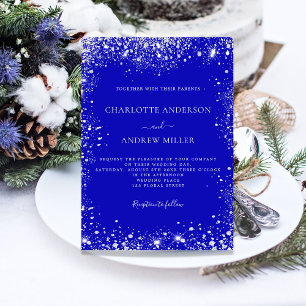 Invitation Mariage élégant bleu royal paillettes argentées