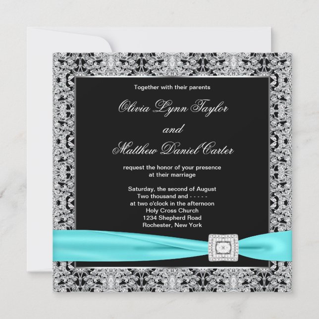 Invitation Mariage élégant bleu sarcelle noir argent (Devant)