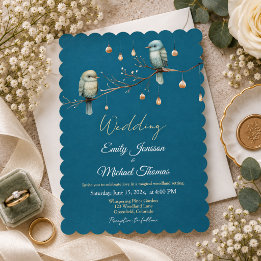 Invitation Mariage élégant bleu sarcelle oiseaux forêt dorés
