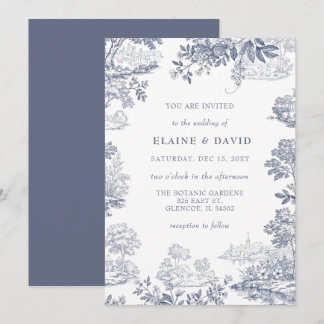 Invitation Mariage élégant bleu Toile De Jouy français vintag