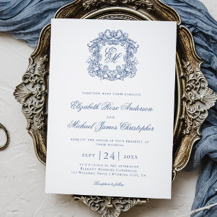 Invitation Mariage Élégant Bleu Vintage Monogramme Crête