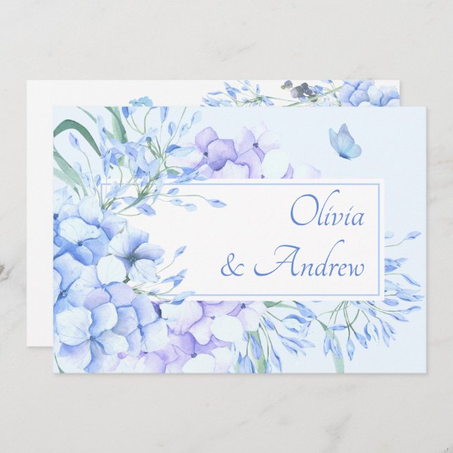 Invitation Mariage élégant bleu violet fleuri (Devant / Derrière)