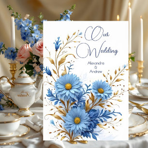 Invitation Mariage Élégant Bleuet Bleu Or Fleurs