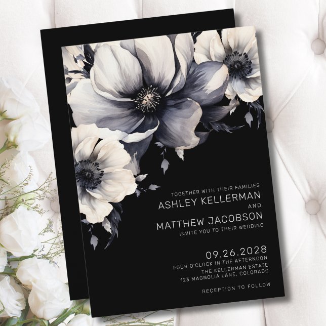 Invitation Mariage Élégant Bohème Fleurs Noires (Modern Elegant Black Floral Wedding Invitation)
