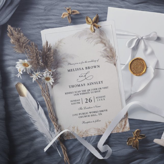 Invitation Mariage élégant Boho floral Pampas Budget QR Code (Créateur téléchargé)