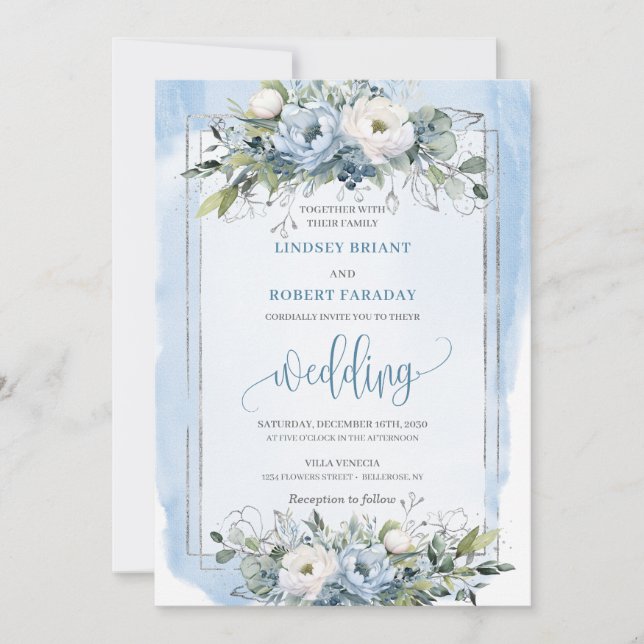 Invitation Mariage élégant Boho Pastel Blue Silver Peonies (Devant)