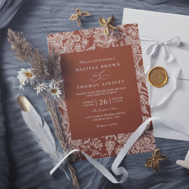Invitation Mariage élégant Boho Terre cuite Fleur sauvage Cod (Créateur téléchargé)