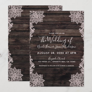 Invitation Mariage Élégant Bois Rustique Dentelle Florale Vin