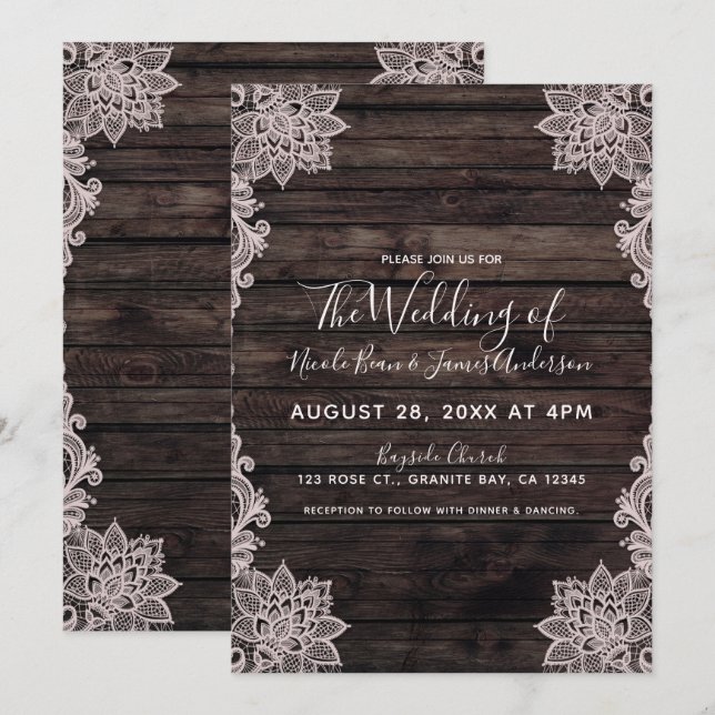 Invitation Mariage Élégant Bois Rustique Dentelle Florale Vin (Devant / Derrière)