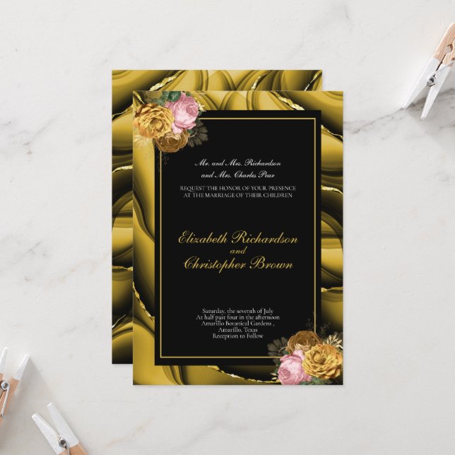 Invitation Mariage Élégant Bordure Florale Noir Or (Devant/Arrière en situation)