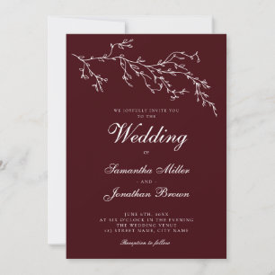 Invitation Mariage élégant botanique bordeaux et ivoire