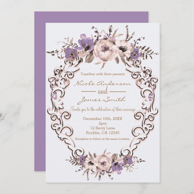 Invitation Mariage Élégant Botanique Floral Crème Violet (Devant / Derrière)