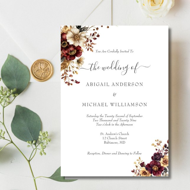 Invitation Mariage Élégant Botanique Floral Or Bourgogne (Burgundy gold watercolor floral elegant wedding invitation. Printed or Digital download)