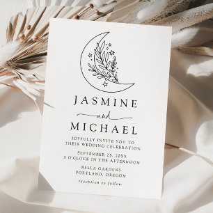 Invitation Mariage Élégant Botanique Lune et Étoiles