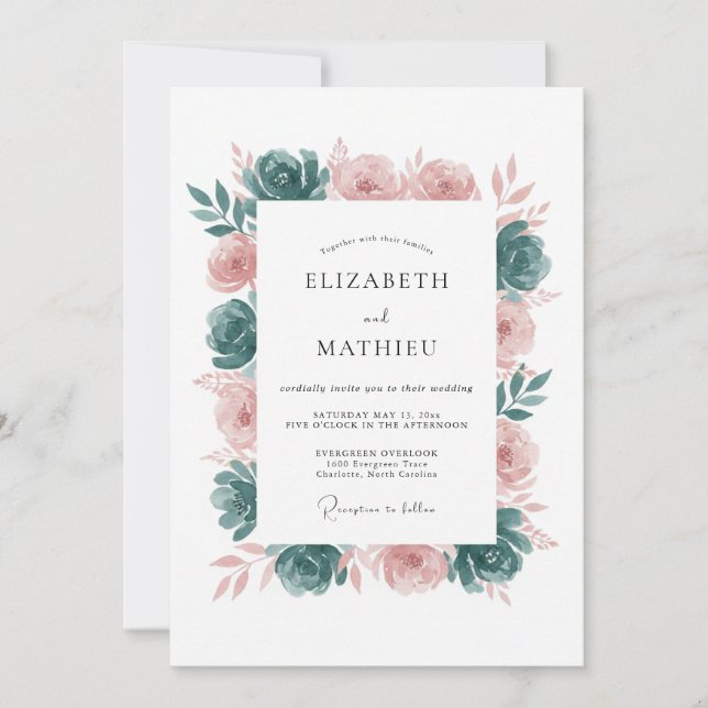 Invitation Mariage Élégant Botanique Teinte de Rose (Devant)
