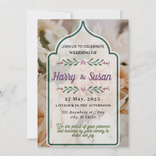Invitation Mariage élégant, bouquet de fleurs, cadre vert