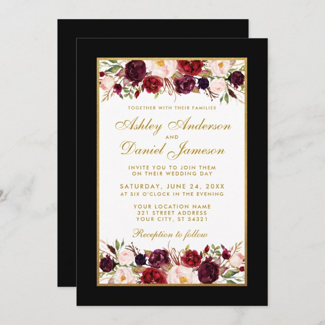 Invitation Mariage Elegant Bourgogne Floral Black Gold Frame (Devant / Derrière)