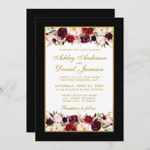 Invitation Mariage Elegant Bourgogne Floral Black Gold Frame