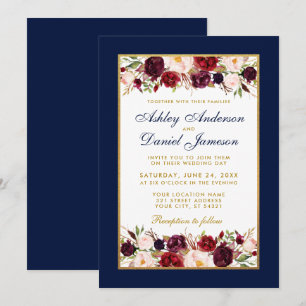 Invitation Mariage Elégant Bourgogne Floral Bleu Or