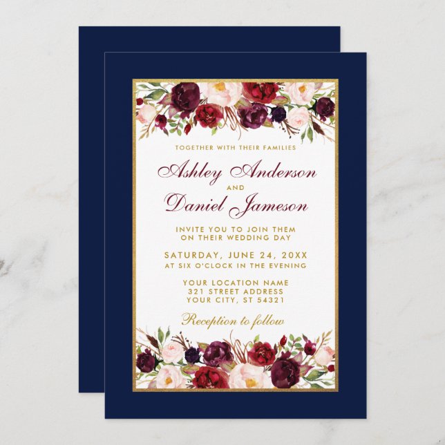 Invitation Mariage Elégant Bourgogne Floral Blue Gold (Devant / Derrière)