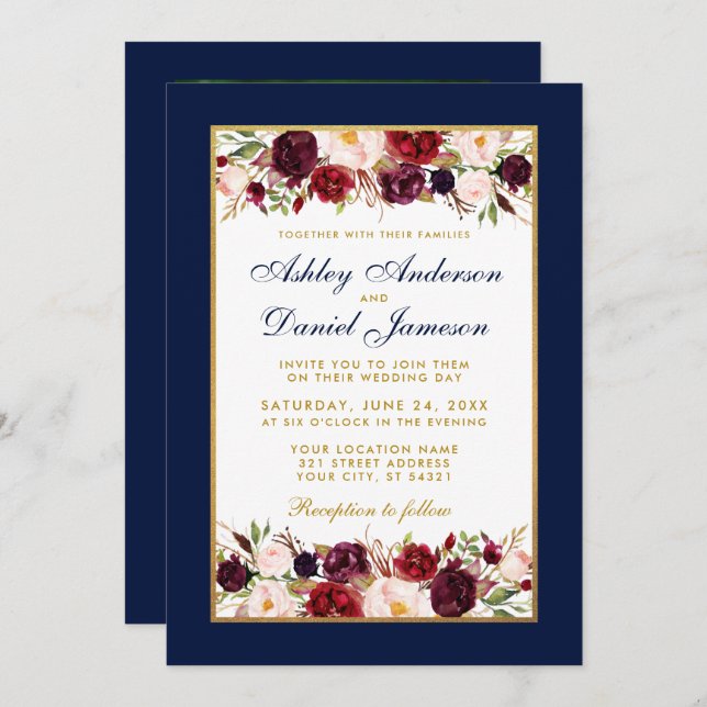 Invitation Mariage Elegant Bourgogne Floral Blue Photo (Devant / Derrière)