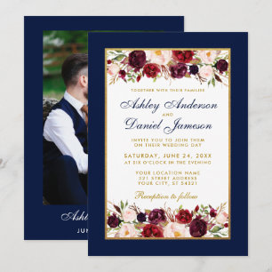 Invitation Mariage Elegant Bourgogne Floral Blue Photo