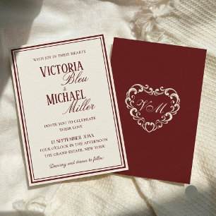 Invitation Mariage Élégant Bourgogne Ivoire Chic de Vieux Ric