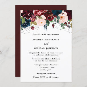 Invitation Mariage élégant : Bourgogne, Navy & Fleurs Blush