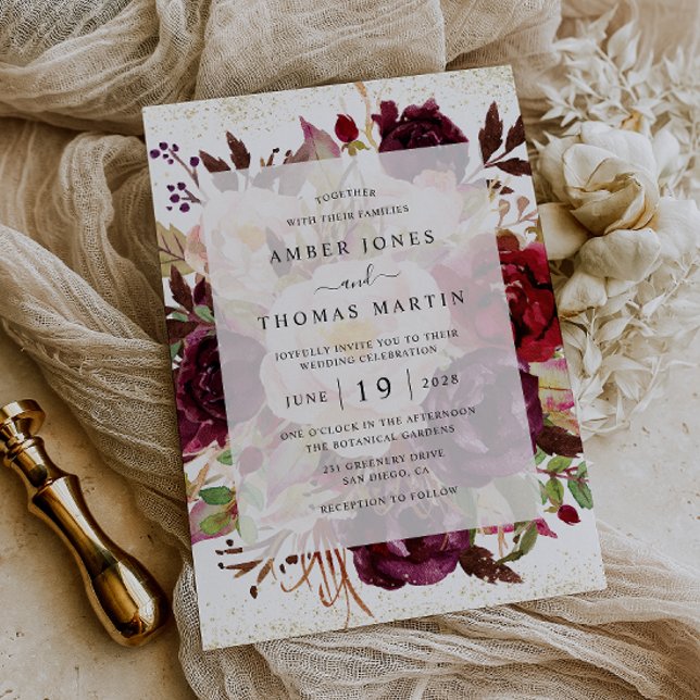 Invitation Mariage Élégant Bourgogne Or (Créateur téléchargé)