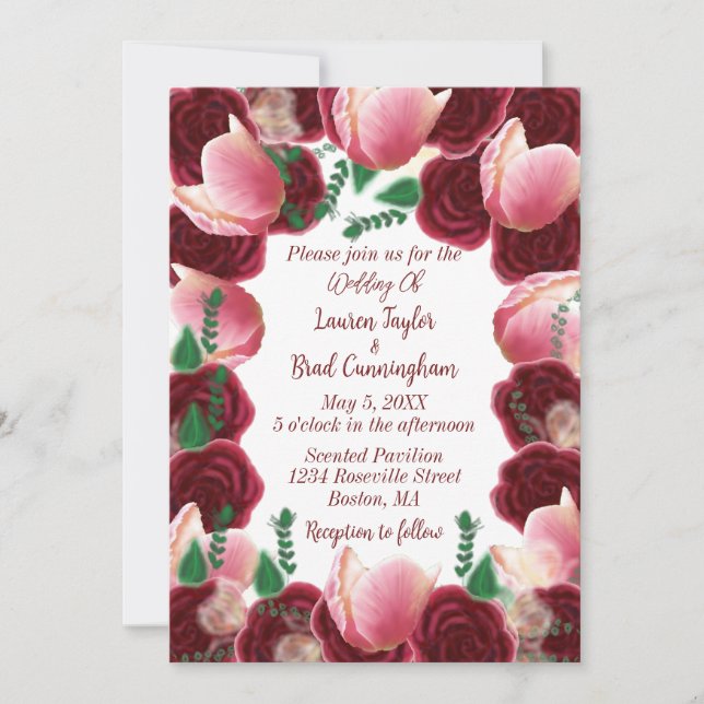 Invitation Mariage élégant Bourgogne & Rose Blush Rose Blanch (Devant)