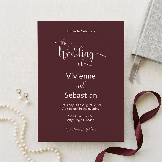 Invitation Mariage Élégant Bourguignon Ivoire Script Minimali (Elegant Burgundy Ivory Script Minimalist Wedding Invitation)
